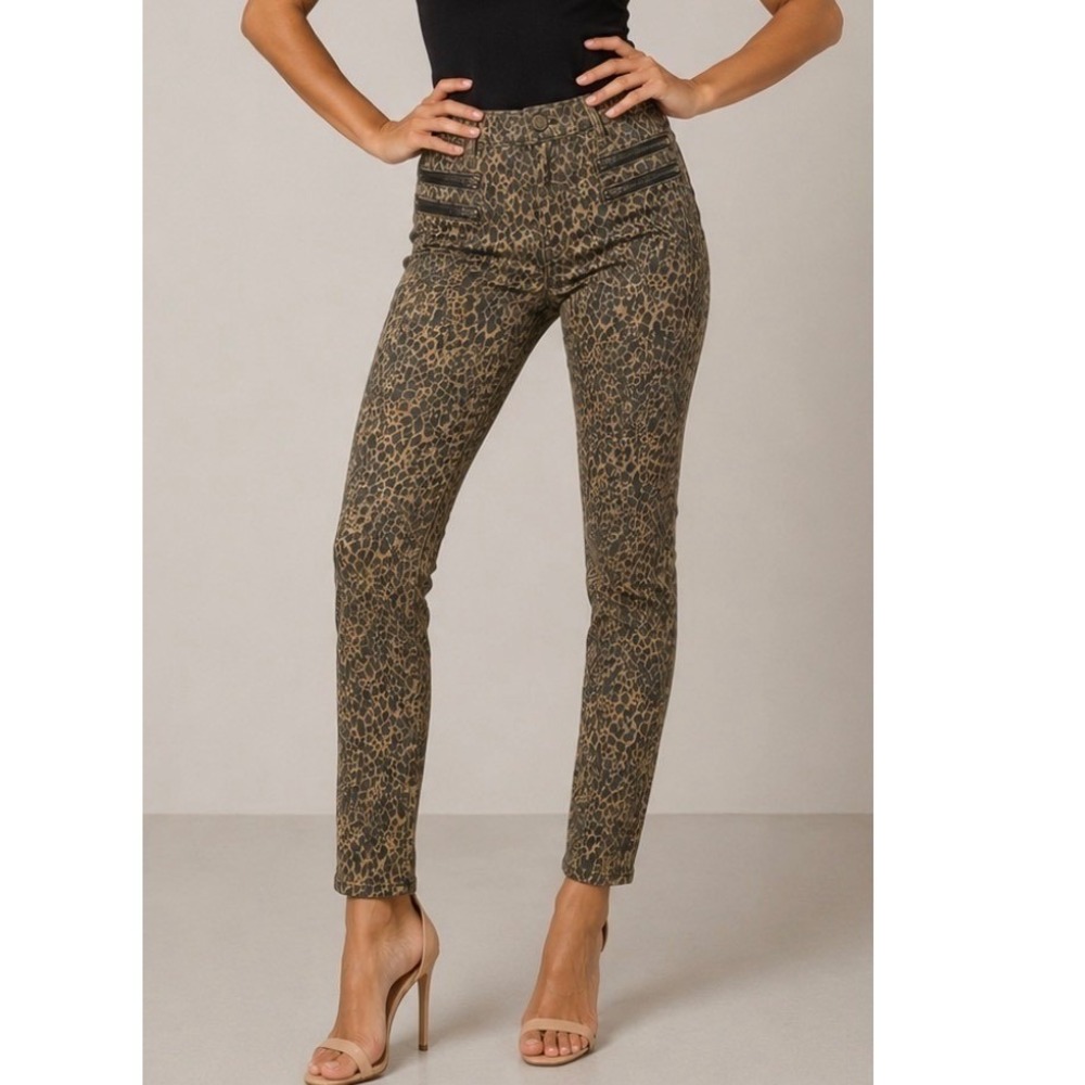 Etienne Marcel Women Green Leopard Print Skinny Moto Zipper Jeans Size 30 NEW